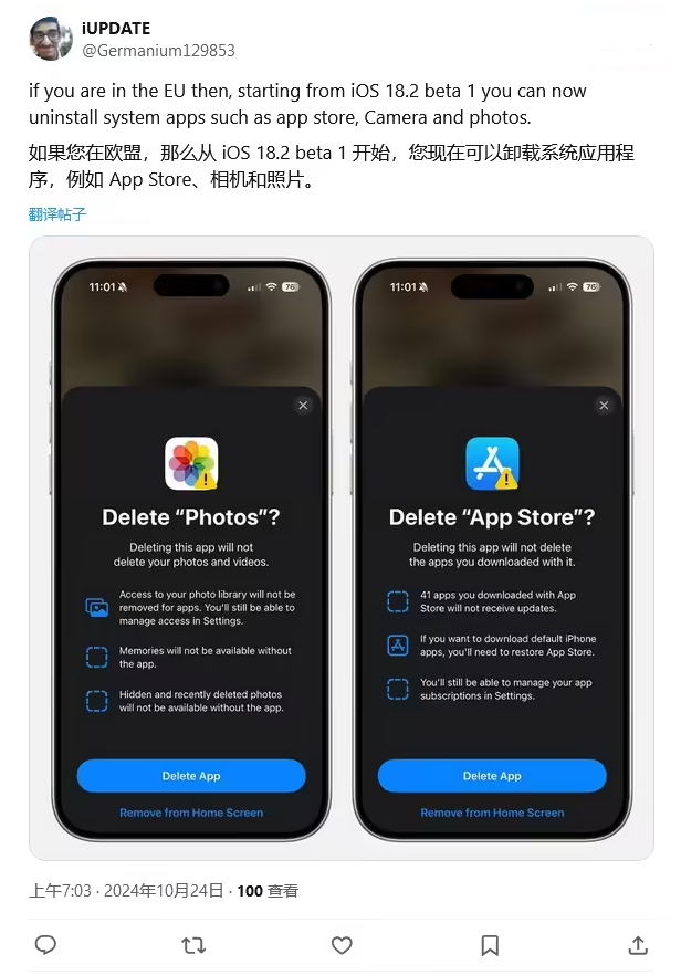 临泽苹果手机维修分享iOS 18.2 支持删除 App Store 应用商店 