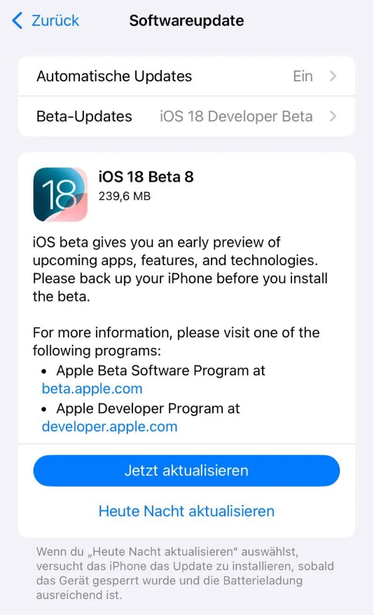 临泽苹果手机维修分享苹果 iOS / iPadOS 18 开发者预览版 Beta 8 发布 